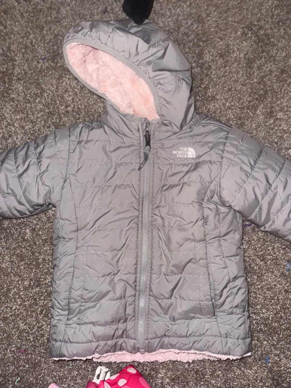 The North Face Gray Puffer Jacket with Pink Sherpa Hood